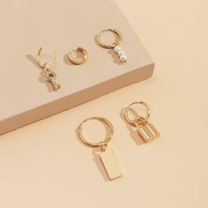 Trendy Mix And Match Geometric Square Brand Lock Set Earrings