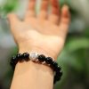 Natural 10MM Black Agate Bracelet Women's Sterling Silver