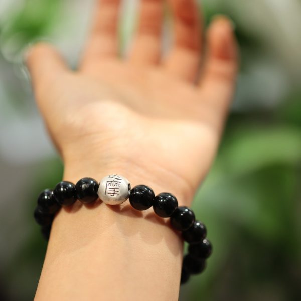 Natural 10MM Black Agate Bracelet Women's Sterling Silver