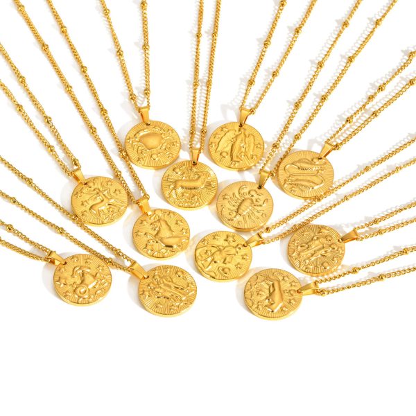 Stainless Steel Bead Necklace Twelve Constellation Embossed Round Necklace For Women
