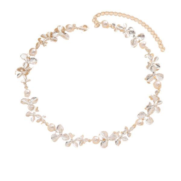 Bright Silver Flower Pearl Curved Needle Necklace