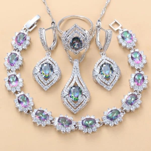 Inlaid Gemstone Pendant Earrings Necklace And Ring For Women 4 PCs Set