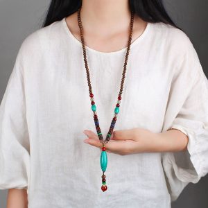 Chicken Wings Wooden Prayer Beads Long Men's Necklace Imitation Turquoise Pendant Wooden Bead