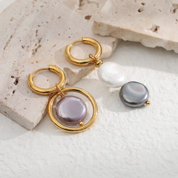 Asymmetric Plating Openwork Circle Stitching Natural Stone Earrings