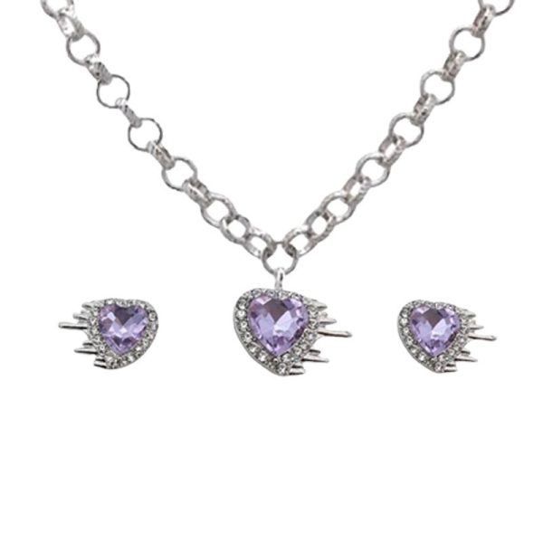 Ladies Heart Purple Peach Heart Water Diamond Earrings Necklace Jewelry Set