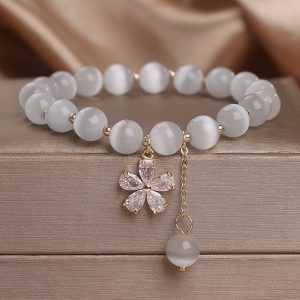 Single Loop Women's Small Flower Tassel White Cat's Eye Crystal Bracelet