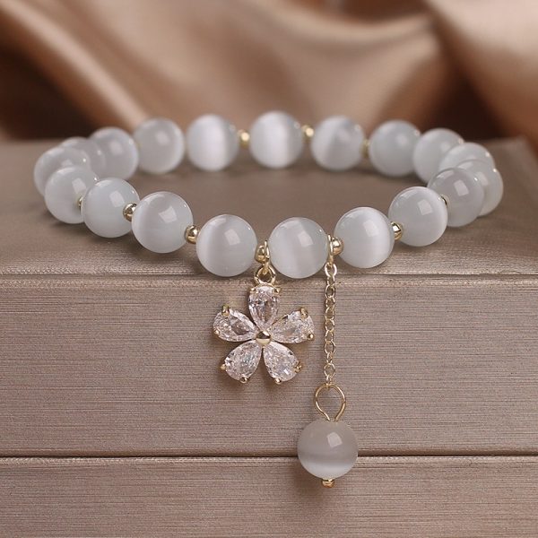 Single Loop Women's Small Flower Tassel White Cat's Eye Crystal Bracelet