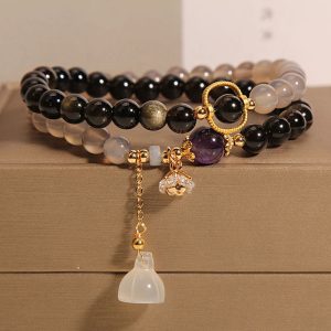 All-Match Gold Obsidian Lotus Seedpod Pendant Natural Gray Agate Double Ring Crystal Bracelet For Women