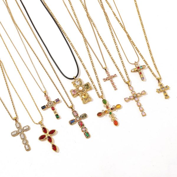 Stainless Steel Necklace Titanium Steel Cross Colorful Crystals Adjustable Female