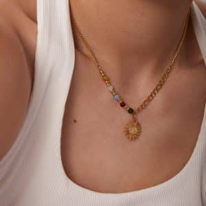 18K Gold Natural Stone Opal Sun Pendant Color Stone Necklace