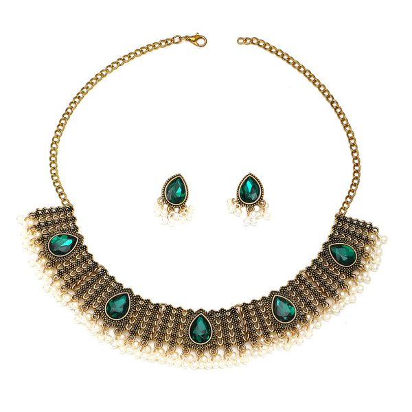 Retro Indian Style Necklace And Earrings Suite Exotic Pearl Rhinestone
