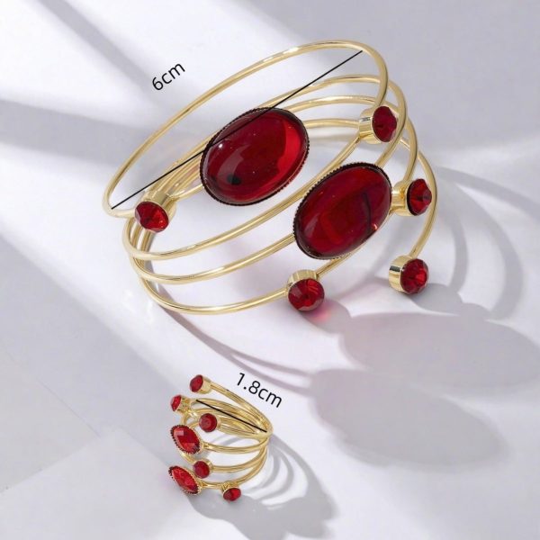 French Gem Rhinestone Round Line Winding Geometric Bracelet & Ring Set Adjustable Opening