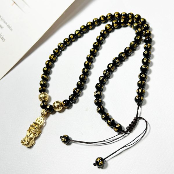 Men's Obsidian Necklace Alluvial Gold Pixiu Lucky Words Mantra