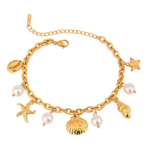 Women's Stainless Steel 18K Dold Pearl Shell Pendant Bracelet