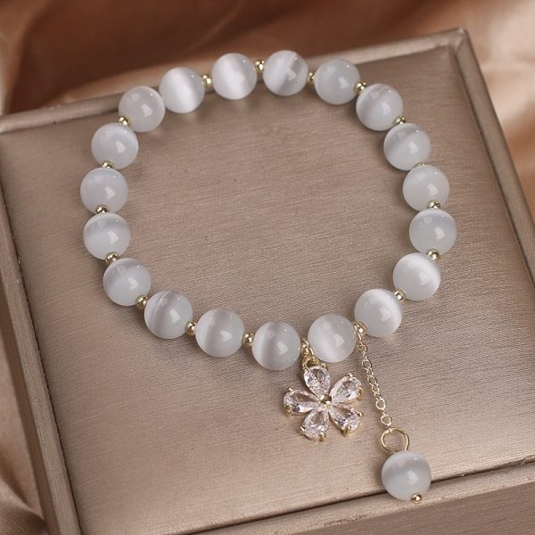 Single Loop Women's Small Flower Tassel White Cat's Eye Crystal Bracelet