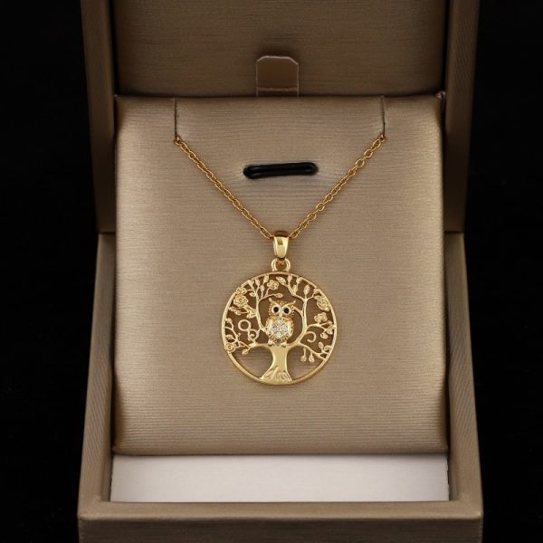 Gold Lucky Tree Owl Pendant Necklace Temperament Entry Lux