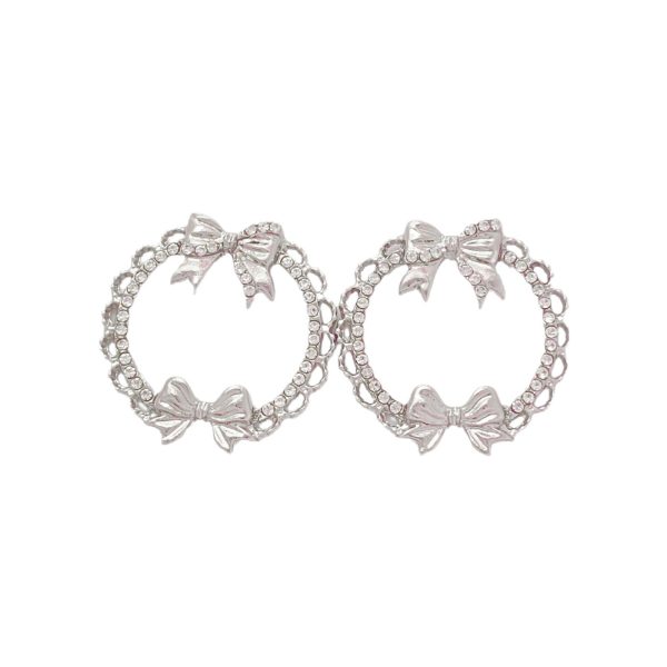 French Style Temperament Bowknot Zircon Stud Earrings Geometric Hollow Circle