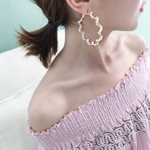 925 Silver Needle Pearl Circle Female Exaggerated Earrings