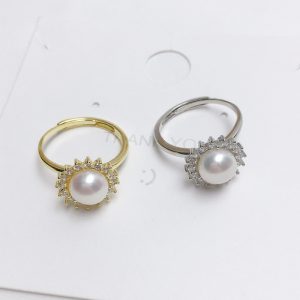 Round Zircon Natural Freshwater Pearl White Copper Plating Golden Ring