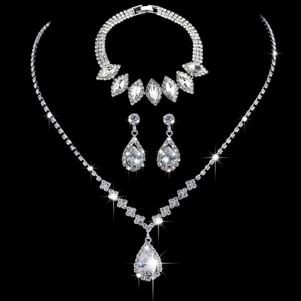 Brilliant Full Diamond Zircon Water Drop Necklace Eardrop Jewelry Set