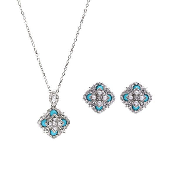 Natural Turquoise Four-leaf Flower Pearl Necklace Ear Stud