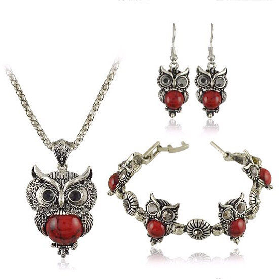 Turquoise Jewelry Set Vintage Imitation Thai Silver Owl Three-piece Set Chain