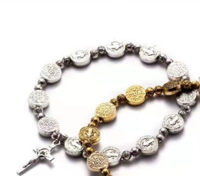 Gold And Silver 2 Color St Benedict Drive Mo Cross Bracelet
