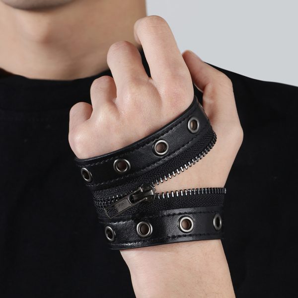 Rivet Chain Ornament Leather Bracelet Women's Round Hole Zipper Wide Version