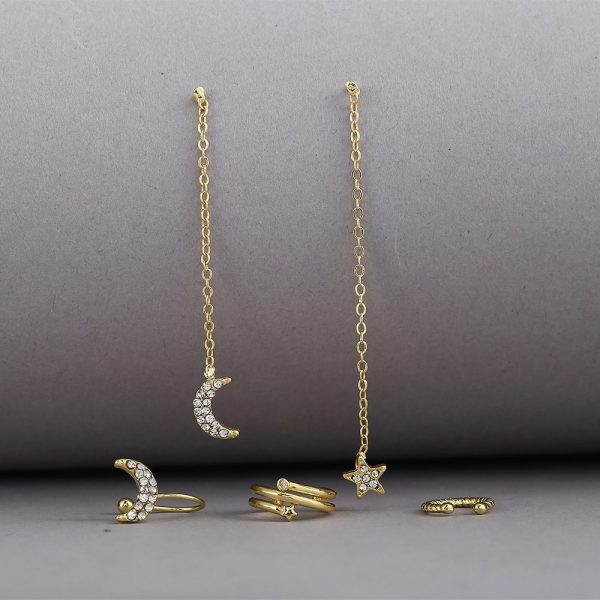 Star And Moon Rhinestone Tassel Earring Set 5 Piece Set