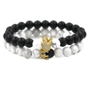 Jewelry White Turquoise Black Frosted Stone Crown Set Couple Bracelet
