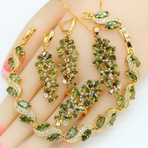 Olive Green Stone Cubic Zirconia Earrings Pendant Necklace Bracelet Ring