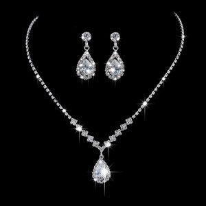 Brilliant Full Diamond Zircon Water Drop Necklace Eardrop Jewelry Set