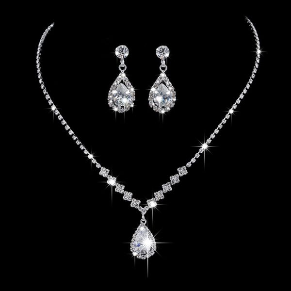 Brilliant Full Diamond Zircon Water Drop Necklace Eardrop Jewelry Set