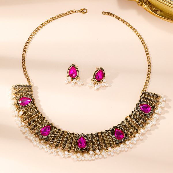 Retro Indian Style Necklace And Earrings Suite Exotic Pearl Rhinestone