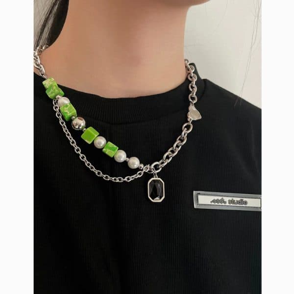 Green Natural Stone Panel Necklace