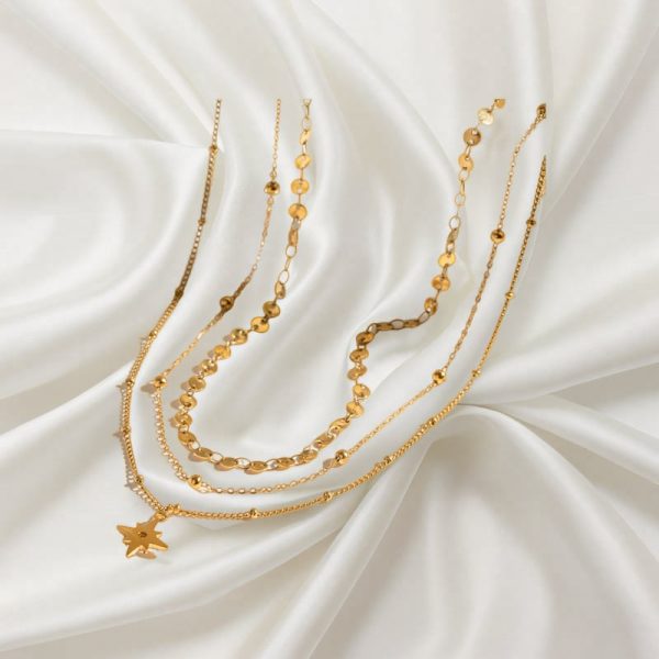 Stainless Steel Rhinestone Four Eight-pointed Stars Pendant Three-layer Necklace