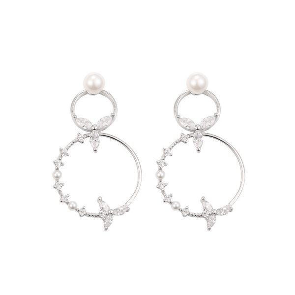 New 925 Sterling Silver Double Circle Pearl Drop Earrings For Women Fashion Elegant Gold Mosaic Zircon Earing Fashion Jewelry
