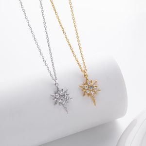 S925 Sterling Silver Inlaid Stone Eight-pointed Stars Pendant Necklace