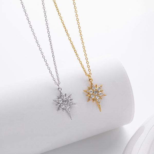 S925 Sterling Silver Inlaid Stone Eight-pointed Stars Pendant Necklace