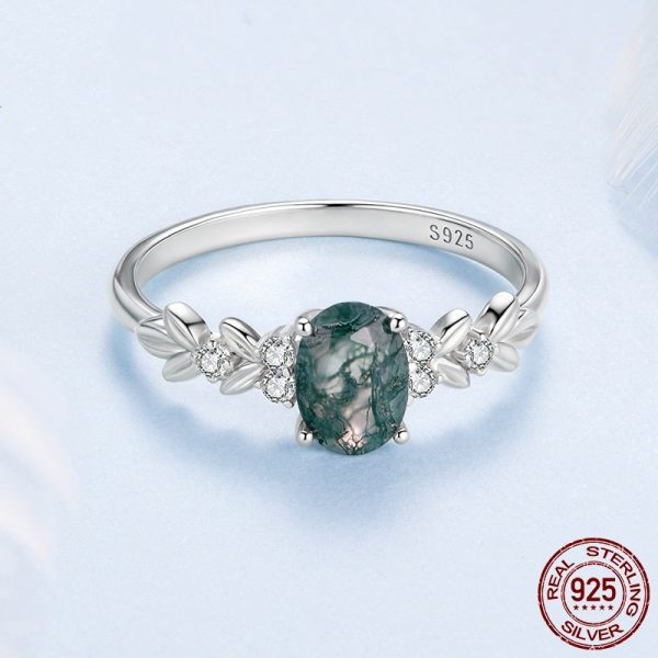 S925 Sterling Silver Seaweed Agate Ring For Women Elegant Retro