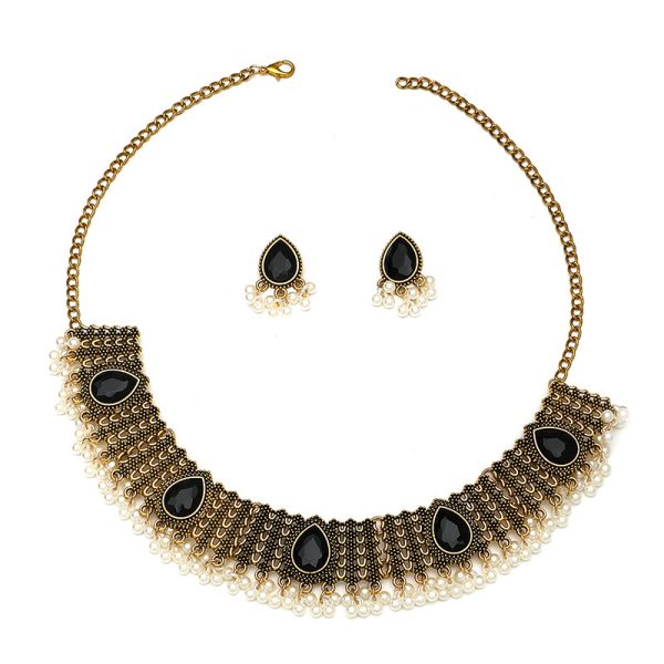 Retro Indian Style Necklace And Earrings Suite Exotic Pearl Rhinestone