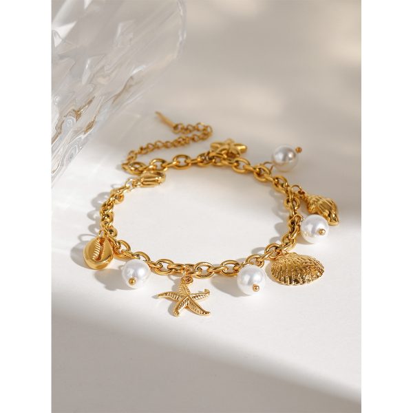 Women's Stainless Steel 18K Dold Pearl Shell Pendant Bracelet