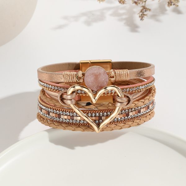 Leather Cord Bracelet Bohemian Multi-layer Rough Stone Love Jewelry For Girls