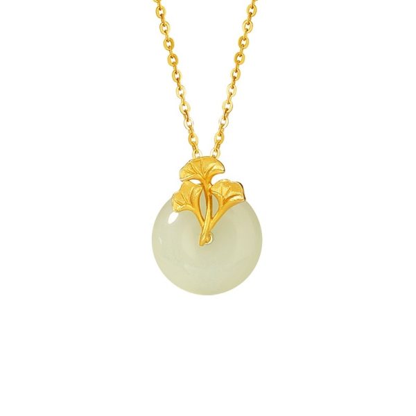 Sterling Silver 925 Hetian Jade Necklace Peace Buckle Clavicle Ins Ginkgo Leaf Pendant