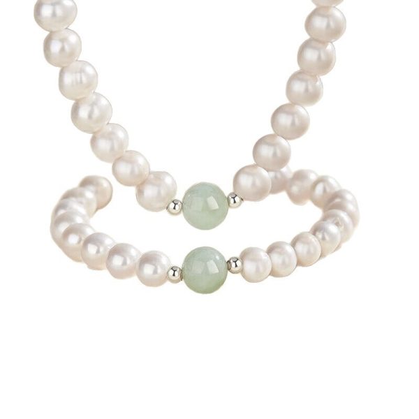 Natural Freshwater Pearl Necklace Suit Green Jade