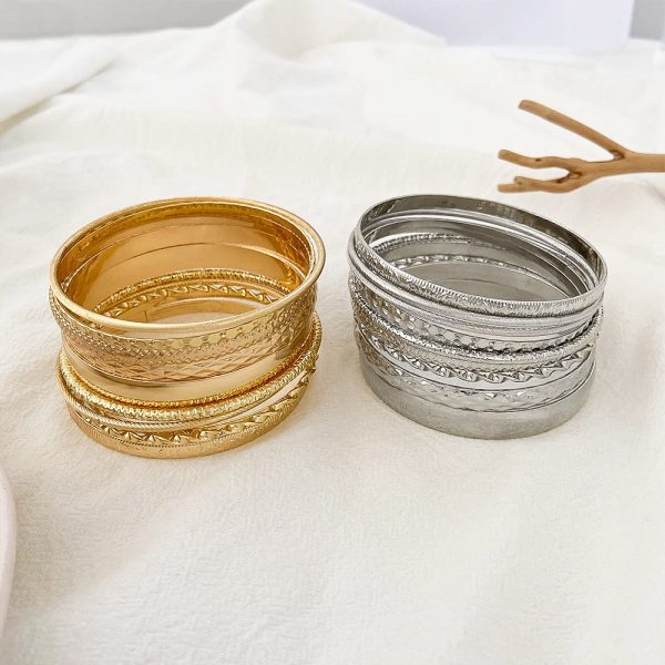 Ethnic Style Alloy Retro Wide Gold Glossy Wristband Bracelet 10 PCs Set