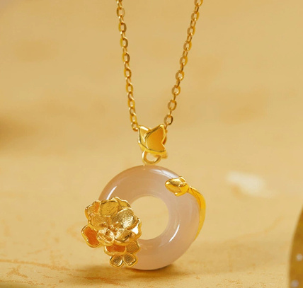 White Chalcedony Peace Buckle Peach Blossom Pendant Sterling Silver Necklace