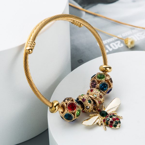 Women's Gold Shiny Diamond Adjustable Bee Bracelet