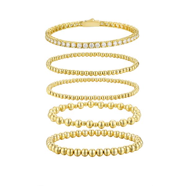 Moissanite Round Beads Classic Style Gold Twin 5-piece Bracelet Set Does Not Fade