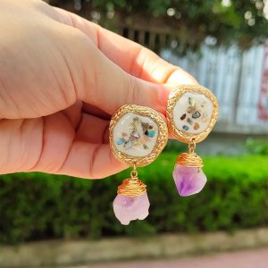 Purple Natural Stone Jewelry Colorful Crushed Shell Earrings